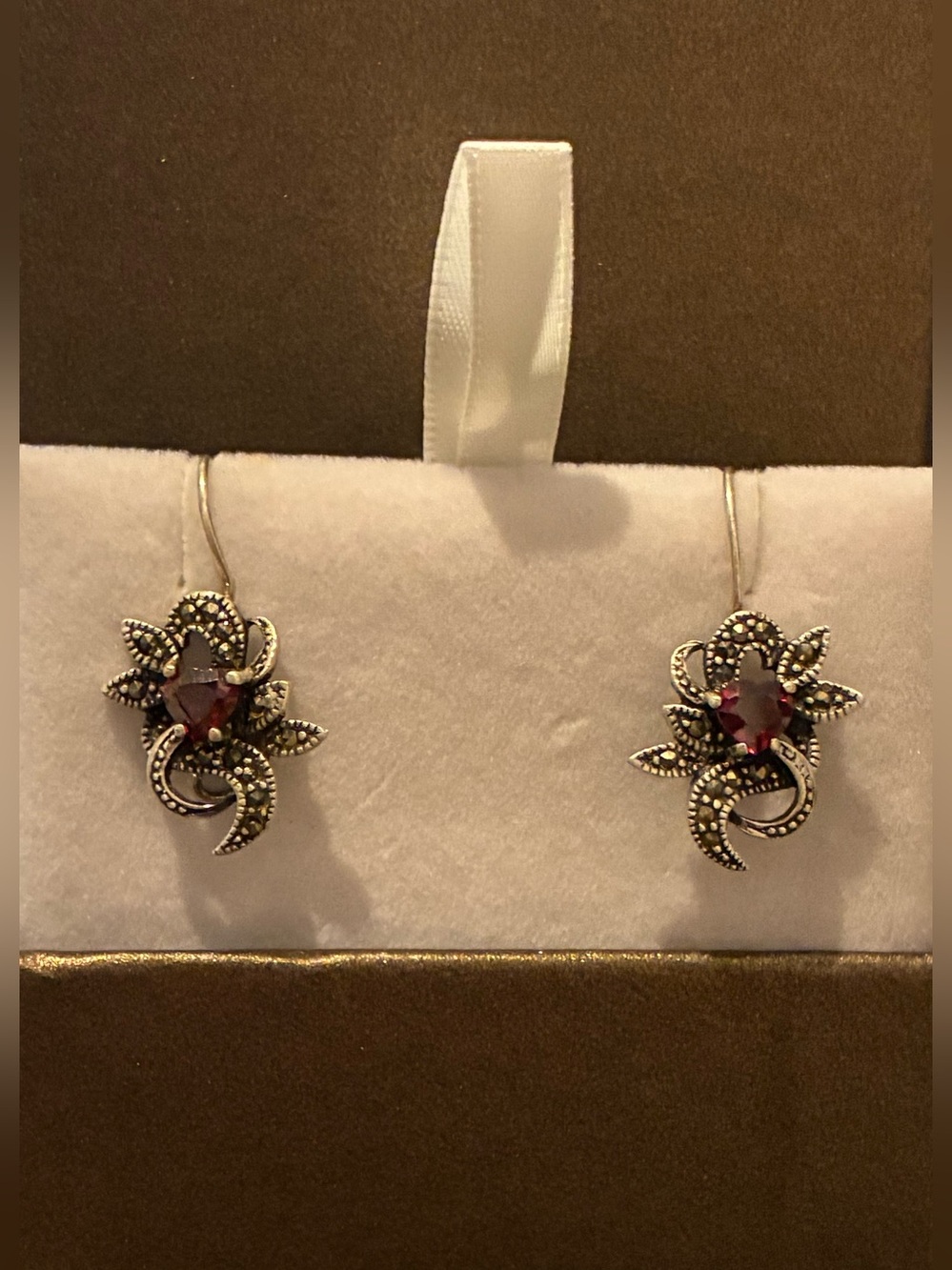 Sterling Silver Floral Garnet Drop Earrings